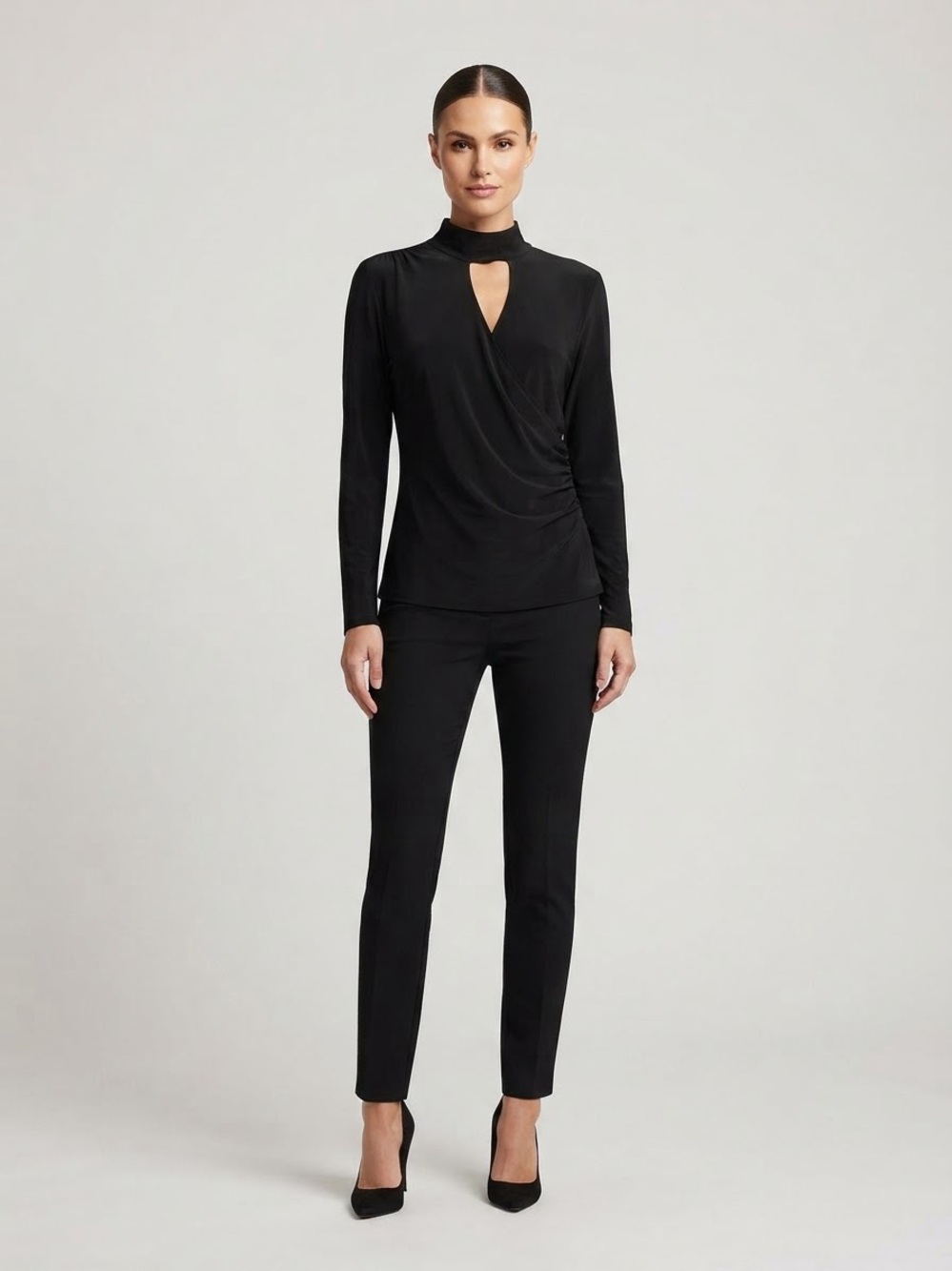 Cache Black Mock-Neck Keyhole Wrap Top and Ankle Slim Pants